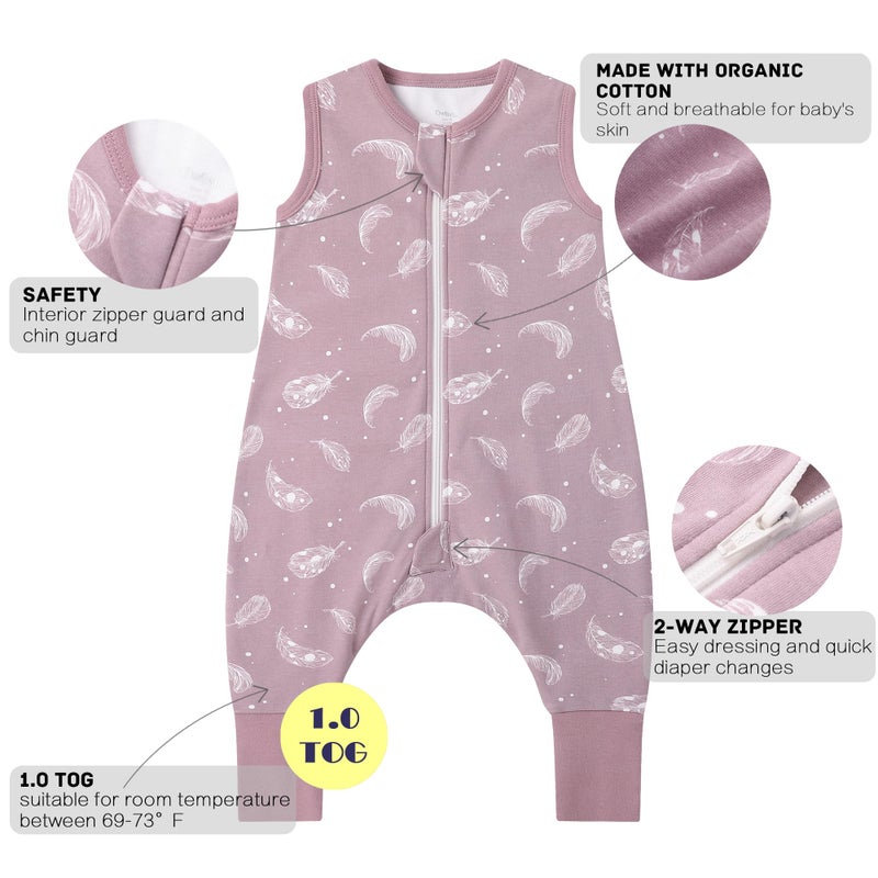 Owlivia 1.0 Tog 100% Organic Cotton Baby Sleeping Bag with Feet Toddler Sleep Sack with Legs Sleeveless Wearable Blanket(1.0 TOG Mauve Feather,2 Years-80) - Image 3